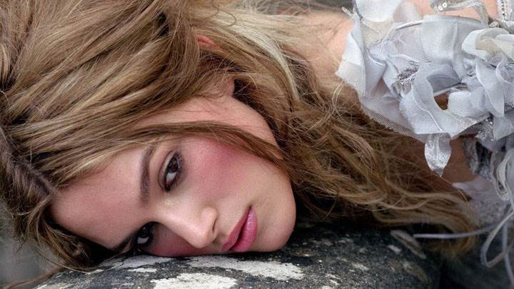 Keira Knightley Sitting In Silver Dress And Pink Lips Face Closeup